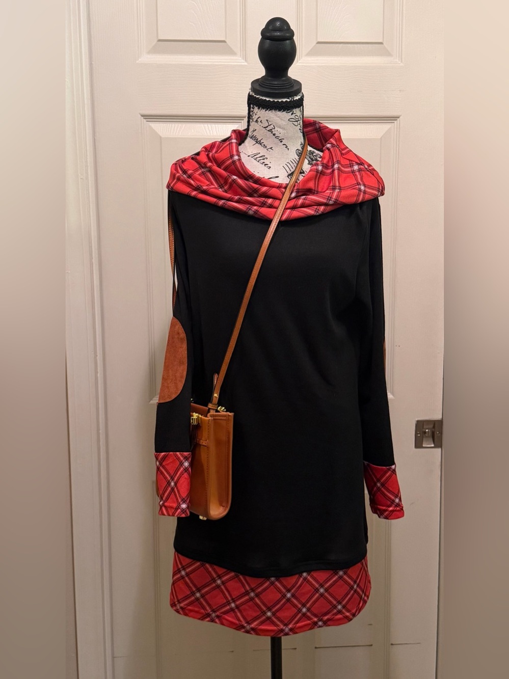 Women’s Black Sweater Dress with Red Plaid Accents